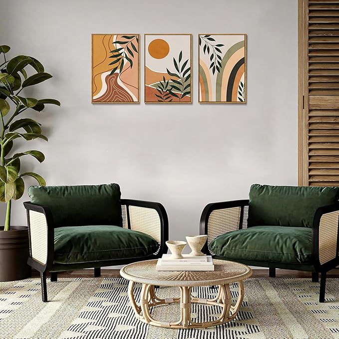 Bwodke Boho Wall Art, Framed Abstract Sun Wall Art, Botanical Canvas Wall Decor, Mid Century Line Leaf Geometric Pictures Set of 3, Minimalist Paintings, for Bedroom Living Room Bathroom 16"x24"
