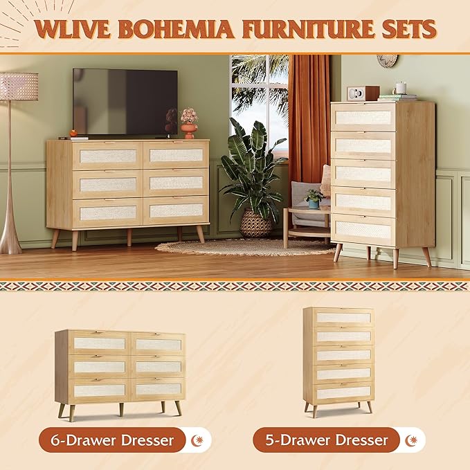 WLIVE Rattan Dresser for Bedroom, 6 Drawer 47.24'' Wide Boho Wood Dresser, Chest of Drawers, Gold Metal Handle, TV Stand for 55 inch TV, Storage Cabinet for Living Room, Hallway, Light Oak