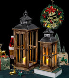 Large Farmhouse Decorative Wooden Lanterns Set of 2, Rustic Burnt Wood Floor Lanterns, Indoor/Outdoor Hurricane Lanterns for Home Decor (No Glass)