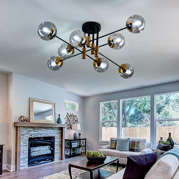 SZXYKEJI 8 Light Glass Globe Ceiling Light Black and Gold Mid Century Flush Mount Sputnik Light Fixture Bubble Chandelier Living Room Farmhouse for Dining Room Kitchen Bedroom.