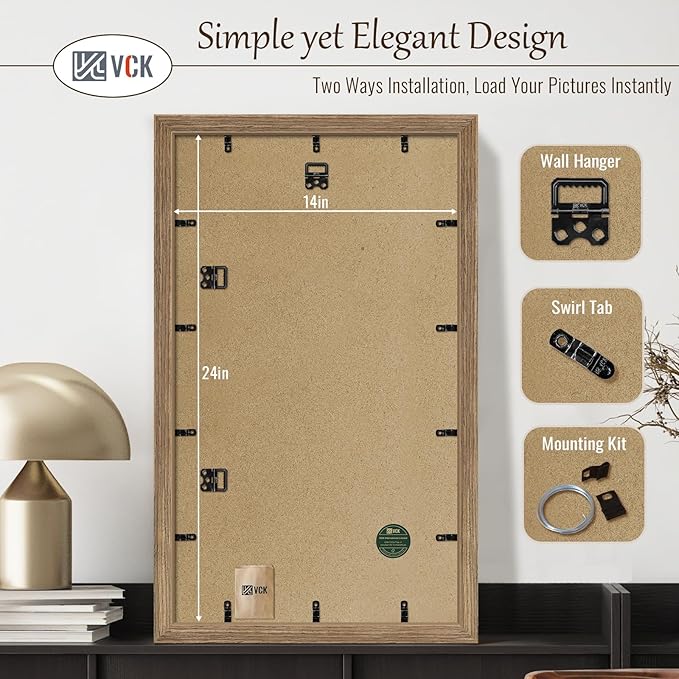 VCK 14x24 Frame Set of 3 - Brown Walnut, Natural Textured Solid Wood Picture Poster Frame, Wall Gallery Frame