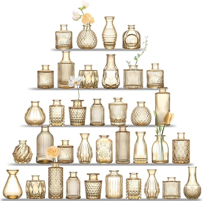 Amber Glass Bud Vases Set of 36, Mini Flower Vase for Centerpieces, Small Clear Vases in Bulk for Wedding Decorations, Vintage Vase for Table, Recepetion, Home Décor