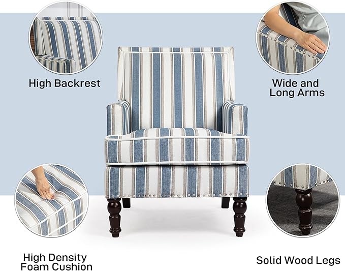 Accent Chair, Modern Comfy Mid-Century Accent Chairs，Linen Upholstered Lounge Arm Chair with Solid Wood Reading Side Padded Single Sofa for Living Room/Office/Balcony/Bedroom-Blue Stripe