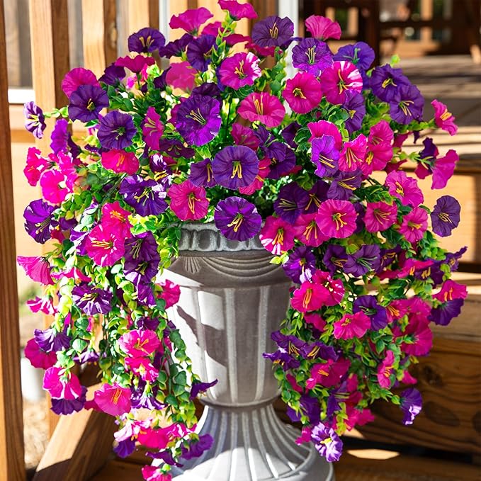 Ivydale 2 PCS Artificial Hanging Flowers Fake Plants Outdoor,Silk Morning Glory Faux Flowers with Eucalyptus Leaf,UV Resistant Realistic Hanging Petunias Plants for Home Garden Decor (Purple+Fuchsia)
