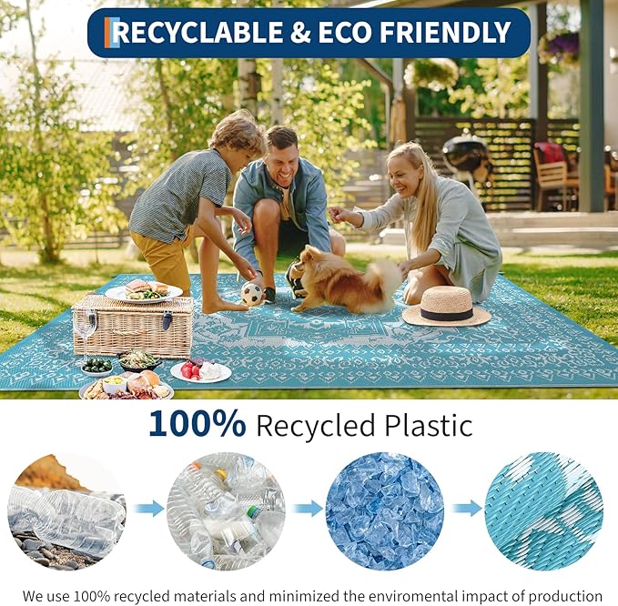 GAOMON Outdoor Rug Waterproof 9x12 Patio Rugs Reversible Plastic Straw Rug, Large UV-Resistant Portable RV Camping Mats, Indoor Outdoor Medallion Carpet for Deck Porch Garden, Light Blue & White