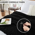 L'AGRATY Chunky Knit Blanket Throw: Soft Chenille Yarn Throw Blanket 50x60 - Handmade Thick Cable Crochet Blanket - Large Chunky Rope Throw Blanket for Couch Sofa Bed Home Decor(Black)