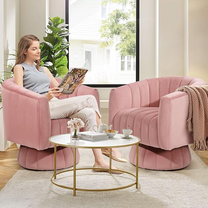 Kromax Swivel Accent Chair with Armrest, Set of 2, Mid Century 360 Degree Swivel Barrel Chair Overstuffed Tufted Velvet, Ideal for Living Room, Bedroom, Reading Room, Light Pink