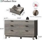 Fluted Dresser with 6 Drawers, 54" Wide Modern Chest of Drawers with Metal Handle, Wooden Dresser TV Stand, Wood Closet Clothes Storage Organizer for Bedroom, Living Room, Hallway, Light Grey