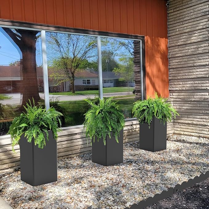 Tall Planters 26 Inch Square Metal Plant Pot with Removable Insert Shelf and Drainage-Modern Tall Black Planters for Indoor & Outdoor-Front Porch,Patio,Garden (14" L X 26" H)