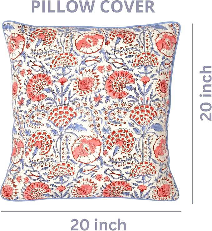 Ridhi Hand Block Print 20X20 Flamingo Pink Decorative Outdoor Couch Throw Canvas Pillow Cover Set of 2 Washable Modern Vintage Boho Chic Spring Home Decor Gifts Cover