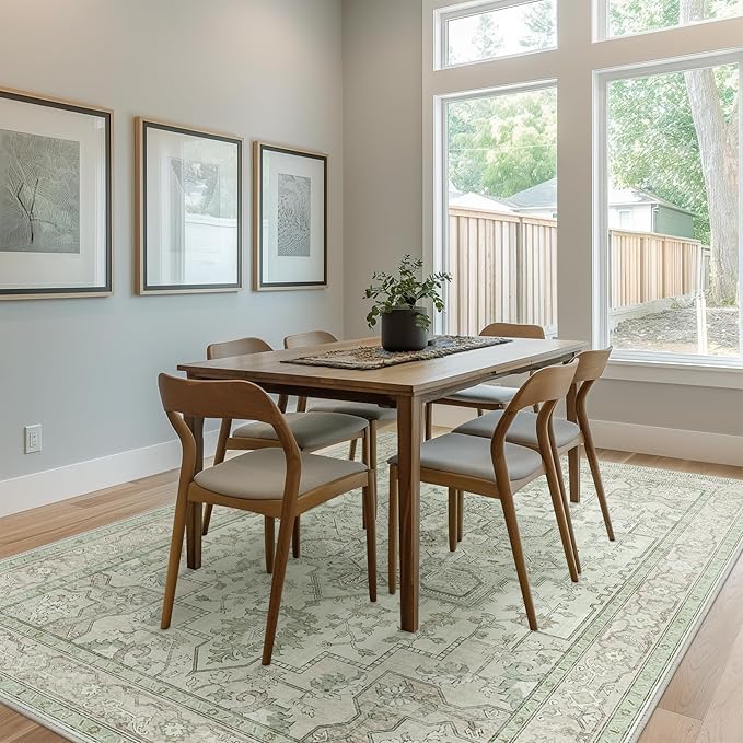 GENIMO 10x12 Area Rugs for Living Room, Machine Washable Non Slip Vintage Rugs, Low Pile Lightweight Chenille Print Rug for Bedroom, Dining Room, Home Office, Oat Light