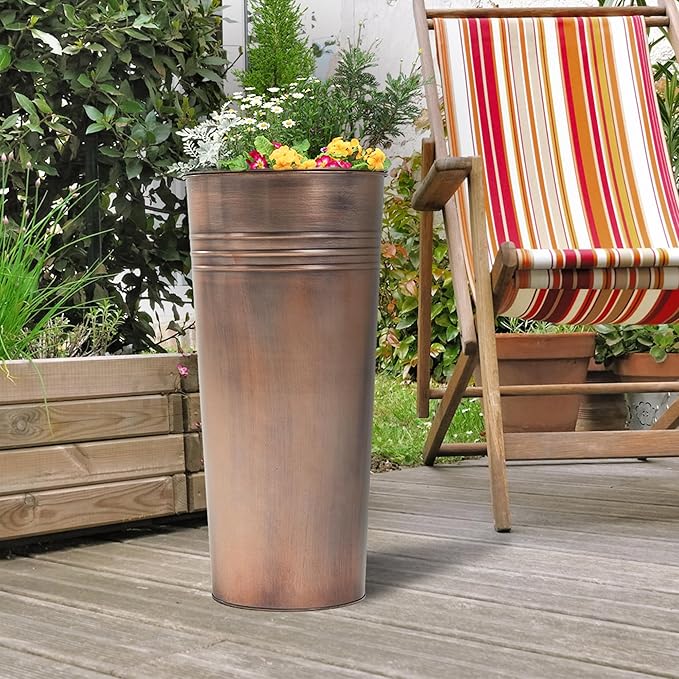 KOL 25'' Tall Galvanized Steel Planter Pot with Water Level Indicator - 2-Pack Self Watering Planters Flower Pot for Plants - Round Powder Metal Planter Box - Indoor Outdoor Grande Plant - Bronze