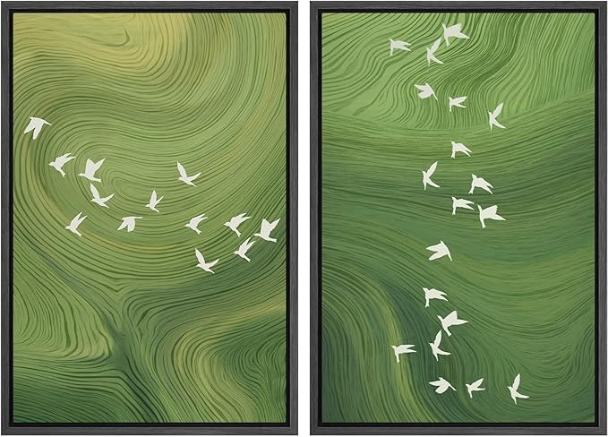 SIGNFORD Framed Canvas Print Wall Art Set Green Swirl Abstract White Birds Illustration Modern Art Decorative Nordic Nature for Living Room, Bedroom, Office - 16"x24"x2 Black
