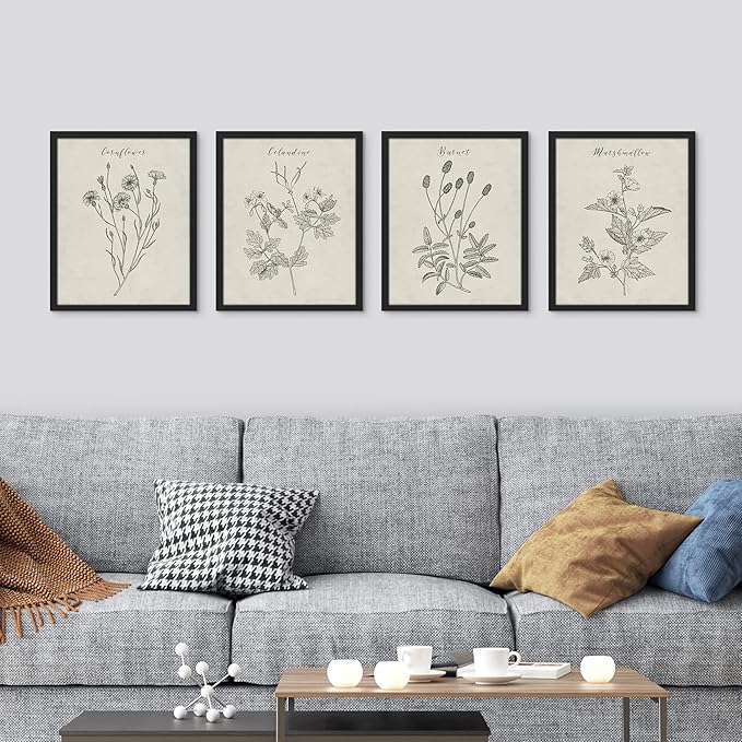 SIGNWIN Framed Vintage Wildflower Wall Art, Set of 4 Plant Collage Drawing Wall Decor Prints, Nature Wilderness Wall Décor for Living Room, Bedroom - 11"x14" Black