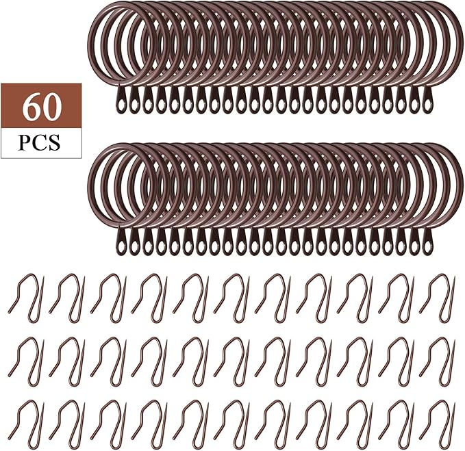 Hotop 30 Pcs Metal Drapery Curtain Rings 0.98/1.26/1.65 inch Interior Diameter and 30 Pcs Hanging Curtain Drapery Pin Hooks for Window Door Shower(32 mm,Brown)