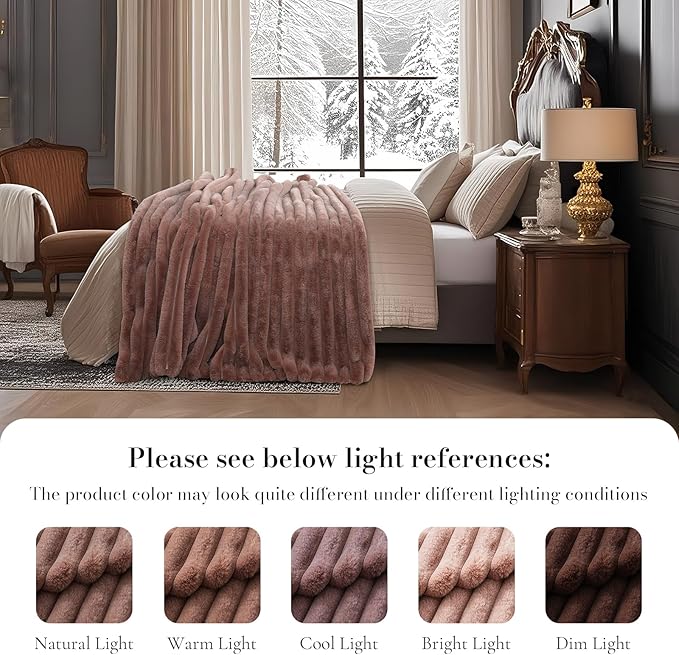 Amélie Home Faux Fur Throw Blanket for Couch, Ultra Cozy Fuzzy Fluffy Fur Luxurious Soft Striped Plush Gift Blankets for Family Sofa Chair Bed Living Room Bedroom, 60"x80", Ionic Fox Brown