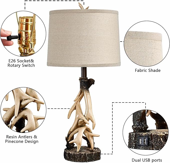 28" Farmhouse Table Lamp for Living Room, Western Rustic Lamp with USB Charging Ports Country Cabin Bedside Antler Lamps for Bedroom Foyer Office Vintage Rotary Control Single Brown- Bulb Not Included