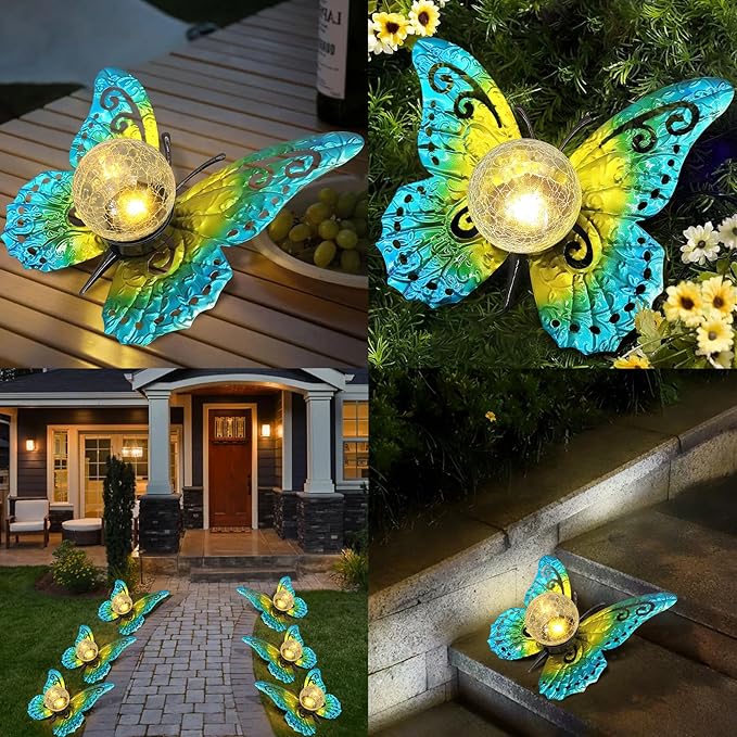 Solar Lights Outdoor Garden Butterfly Decor, Metal Butterfly Statue Decoration with LED Crackle Glass Globe, Solar Powered Lighted Garden Art Decor for Patio Lawn Yard Pathway Tabletop Ground