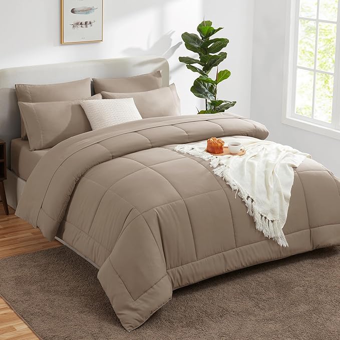 CozyLux King Size Comforter Set Khaki, 7 Pieces Bed in a Bag, Khaki Comforter King Size, All Season Bedding Sets with Stitch Quilted Comforter, Flat Sheet, Fitted Sheet, Pillowcases