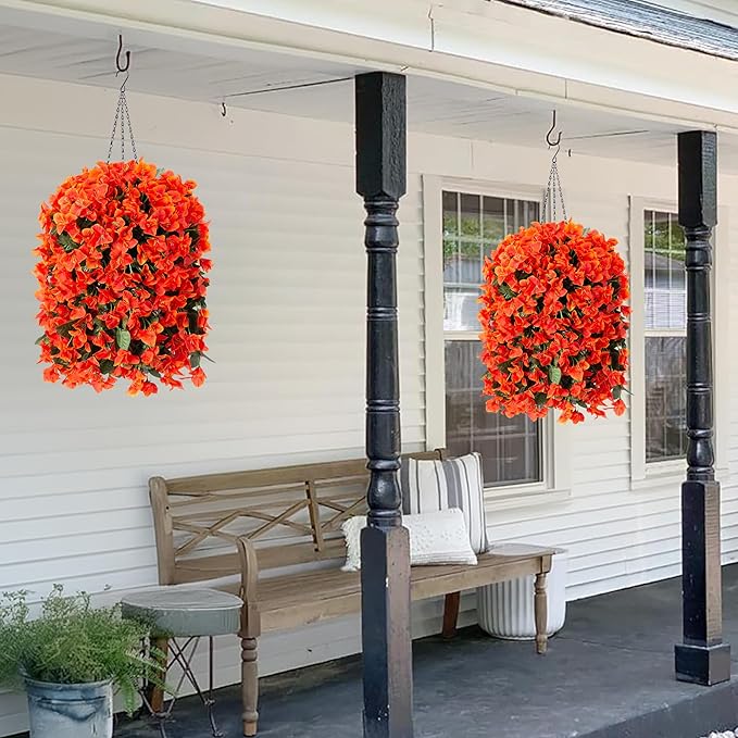 Bougainvillea Artificial Fall Flowers Fake Plants for Outdoors Autumn Decoration, 3PCS Faux Silk Hanging Trailing Vines with Baskets UV Resistant Realistic for Front Door Porch Patio Balcony, Orange