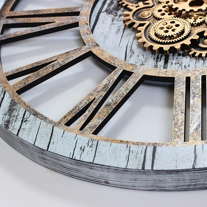 The Gears Clock 36'' Inch Real Moving Gear Wall Clock Vintage Industrial Oversized Rustic Farmhouse (Vintage Grey and White)