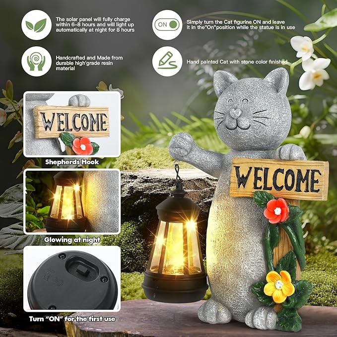 Json Garden Statue Solar Cat Figurine with Lantern, Solar Garden Decorations Statues for Patio, Balcony, Yard Ornament, Unique House Warming Gifts Figurine Lights, Gifts for Women, Mom