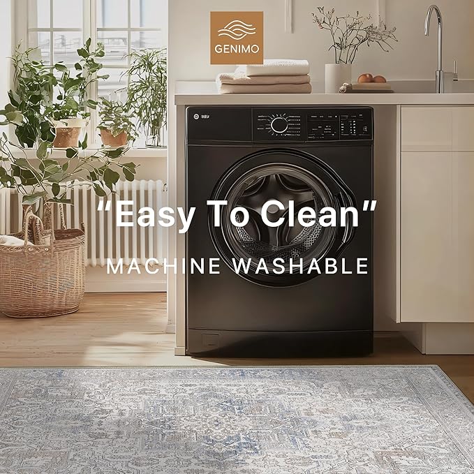 GENIMO 2x5 Runner Rugs for Hallway, Machine Washable Non Slip Vintage Retro Rugs, Low Pile Lightweight Thin Print Rug for enrtyway, Corridor, Home Office, Kitchen, Khaki Blue