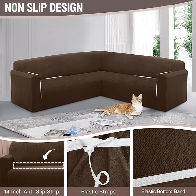 HDCAXKJ Sectional Couch Cover L Shape Stretch Sofa Covers Washable Jacquard Corner Couch Slipcover Non Slip Sectional Slip Cover U Shaped Furniture Protector for Pets Dogs (Dark Brown, X-Large)