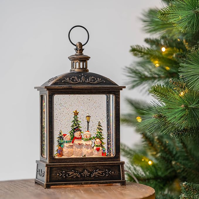 12.5'' Christmas Snow Globe Lantern Lighted Snowman Choir Musical Snowmen Carolers Water Lantern in Swirling Glittering Home Decoration and Gift, Battery Operated or USB Powered