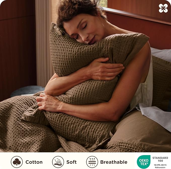 Bedsure Cotton Duvet Cover King - 100% Cotton Waffle Weave Brown Duvet Cover King Size, GentleSoft™ and Breathable Bedding Set for All Season, 3 Pieces, 104"x90"