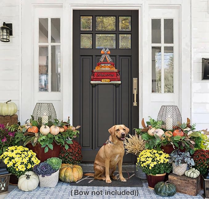 Interchangeable Welcome Sign for Front Door Red Farmhouse Truck Decor Hanging Sign with 11 Interchangeable Seasonal and Holiday Decor Signs 12x14 in. (Country Rustic)