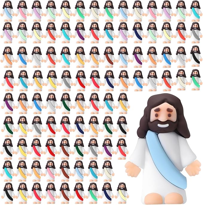 Bememo 100 Pcs Jesus Toys Original Design Mini Rubber Little Jesus Figurine to Hide and Seek Religious Party Favors Sunday School Craft Baptism Gifts for Easter Egg Stuffers (Colorful)