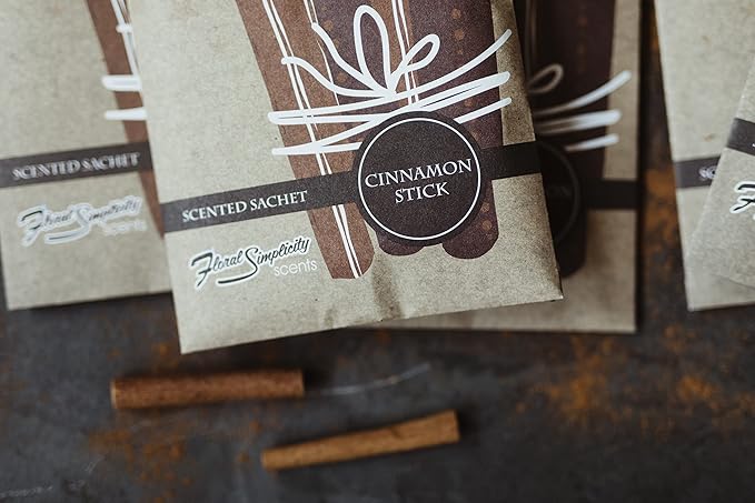 Simplicity Scents Cinnamon Stick Scented Sachets Pack of 6, Fall & Winter - Long-Lasting Scented Bags, Home Fragrance, Air Freshener & Deodorizer for Closet, Room, Drawer, or Cars, Made in The USA