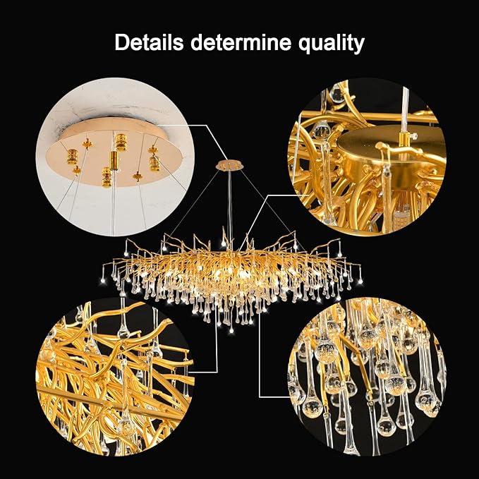 63in Modern Chandeliers, Tree Branch Chandelier Raindrop Crystal Pendant Light Fixtures, Gold Finish Chandeliers Light for Dining Room, Entryway, Living Room, 15-Light