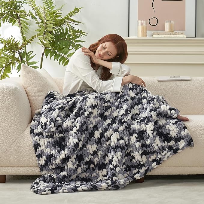 Amélie Home Chunky Knit Throw Blanket for Couch, Soft Chenille Crochet Blanket for Sofa, 50"x60", Space-Dyed Black