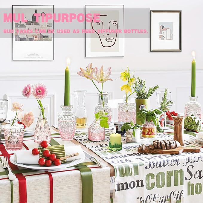 Pink Glass Bud Vases Set of 20 - Mini Vintage Vases for Wedding Decorations Home Table Flower Decor, Small Carved Design Glass for Centerpieces