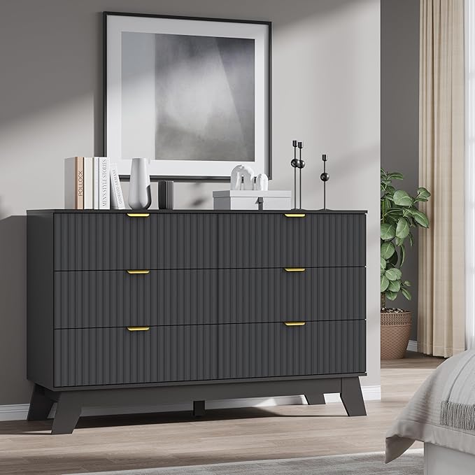 Fluted 6 Drawer Dresser, 47.2" Wide Modern Boho Chest of Drawers, Wooden Storage Dresser TV Stand for Bedroom, Living Room, Closet, Hallway, Curved Profile Design