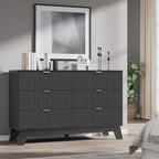 Fluted 6 Drawer Dresser, 47.2" Wide Modern Boho Chest of Drawers, Wooden Storage Dresser TV Stand for Bedroom, Living Room, Closet, Hallway, Curved Profile Design