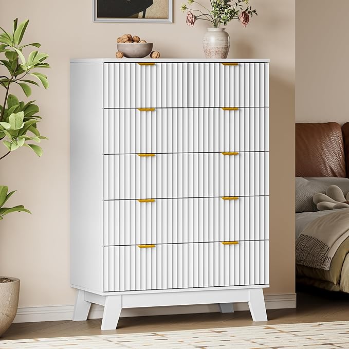 46" Tall Dresser for Bedroom, 6-Drawer Fluted Chest of Drawers, Modern Wood Highboy with Deep Storage, Metal Slides and Handles, Anti-Tip Kit, Vertical Clothes Organizer for Apartment, Nursery