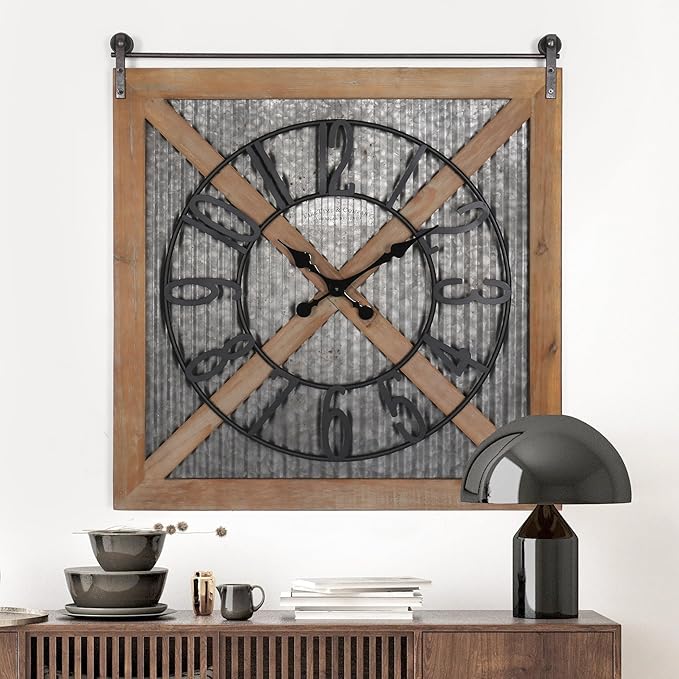 Oakrain Rustic Large Wall Clock, Classic Vintage Hanging Clock, Silent Non-Ticking Square Wall Clock for Living Room Bedroom Office, Numeral, Brown, 27''x29''