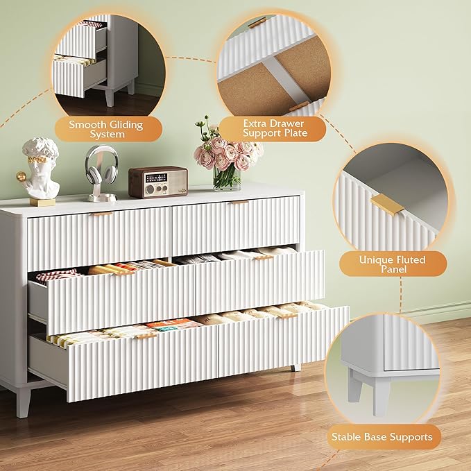 WLIVE Fluted Dresser for Bedroom with 6 Drawers, 54" Wide Wood Dresser with Golden Metal Handles, TV Stand for 65 inch TV, Mid Century Modern Chest of Drawers for Living Room, Hallway, Closet, White
