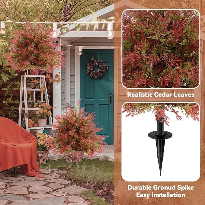 Artificial Topiary Ball Trees with Ground Spikes UV Resistant Faux Greenery Shrubs Fake Shrubs for Outdoors, Realistic Faux Plants Bushes for Garden Porch Yard Patio Decor (Red Green Cedar)