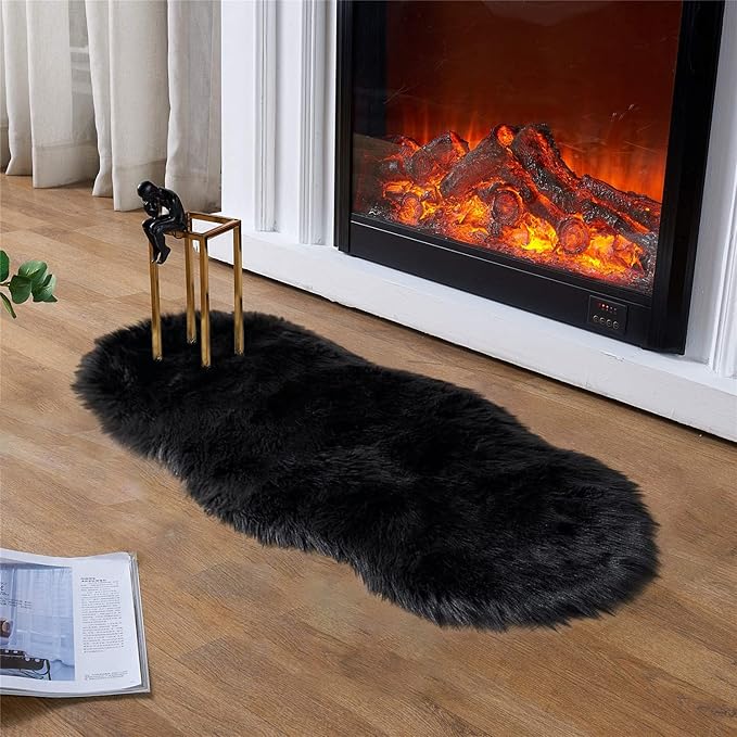 Latepis Black Faux Sheepskin 2x4 Shag Rug for Bedroom Fluffy Faux Fur Rug Non-Slip Throw Rugs for Living Room Fuzzy Rugs for Dorm Pet Mats Luxury Home Décor