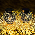 2 Pack Outdoor Solar Lantern Lights, Waterproof Tabletop LED Moroccan Lanterns, Hanging Metal Decorative Garden Lights for Patio, Lawn, Porch, Backyard