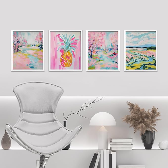 SIGNWIN Framed Vibrant Landscape and Pineapple Colorful Preppy Room Decor Pink Decor Digital Art Modern Art Decorative Multicolor Scenic for Bedroom - 12"x16"x4 White