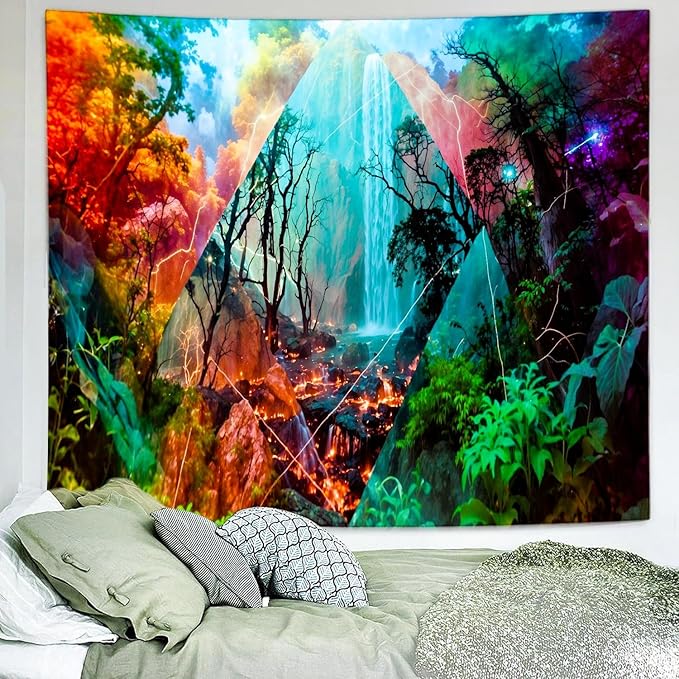 Delur Forest Tapestry Waterfall Mountain Rainforest Sunset Nature Tree Tapestry Wall Hanging Scenic Tropical Landscape Natural Sunrise Headboard for Bedroom Living Room Home Decor (59.1" x 78.7")