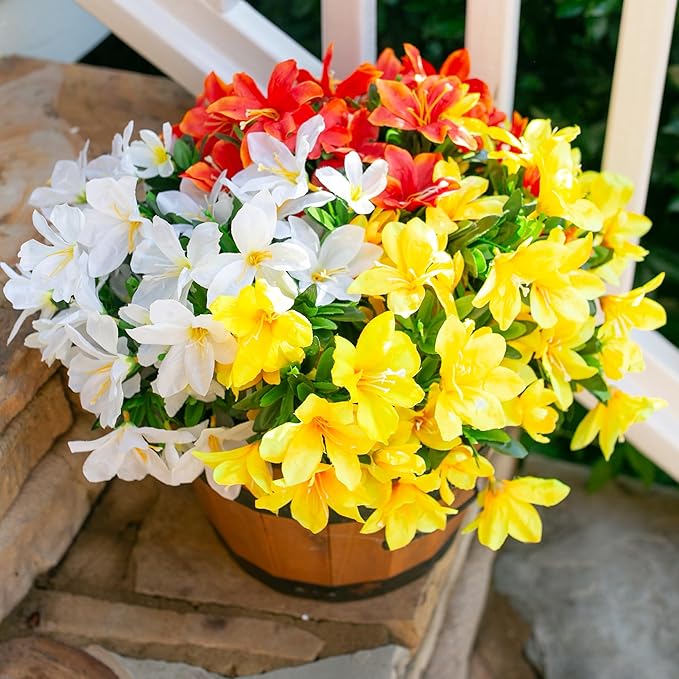 Artificial Fall Flowers for Outdoors, 3 Bundles Faux Azalea Bouquet Silk Flower for Outside UV Resistant Realistic Fake Outdoor Flowers for Planter Porch Patio Garden Walkways Home Fall Decor, Mix