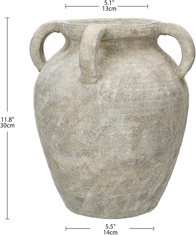 Handmade Flower Vase, 12" Tall Terracotta Vase, Green Vintage Ceramic vase, Rustic Antique Decor with 3 Handles, Wide Mouth, Matte Finish for Home Office Resto Café Décor