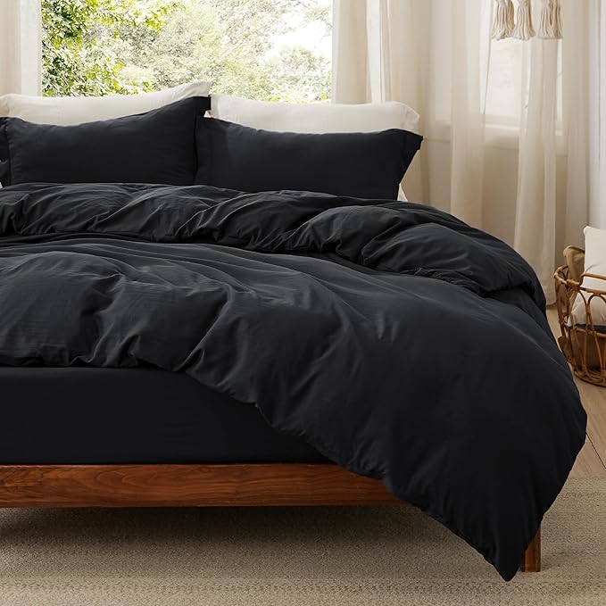 Bedsure Duvet Cover King Size with Fitted Sheet - 4 Pieces Prewashed Cotton-Like Extra Soft Bedding Set, Includes 1 Duvet Cover 104x90 Inches with Zipper Closure, 2 Pillow Shams, 1 Fitted Sheet, Black