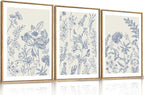 HPINUB Classic Chinoiserie Floral Framed Canvas Wall Art Set,Watercolor Blue and White Botanical Flowers Wall Decor,Navy Blue Minimalist Wildflower Art Print for Living Room,Bedroom,Office-16 x24 x3
